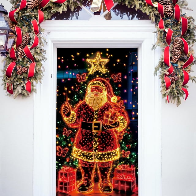 Adornos navideños, adornos navideños, regalos navideños, puerta fluorescente navideña, cubierta de puerta de ancho, fondo de nailon