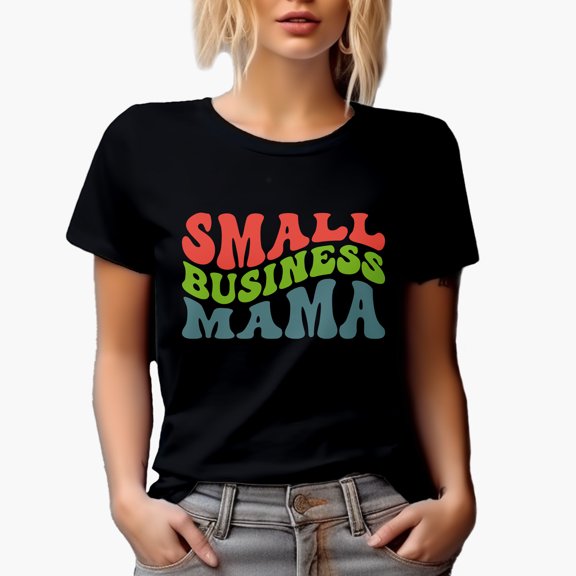 Small Business Mama, Entrepreneur Mom or Mother Quote, Groovy Retro Wavy Text Merch Gift, Black T-Shirt, Small
