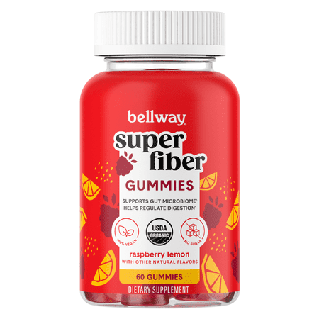 Bellway Super Fiber Gummies, Sugar Free Organic Fiber Supplement Gummies, Raspberry Lemon Flavor, 60 Gummies