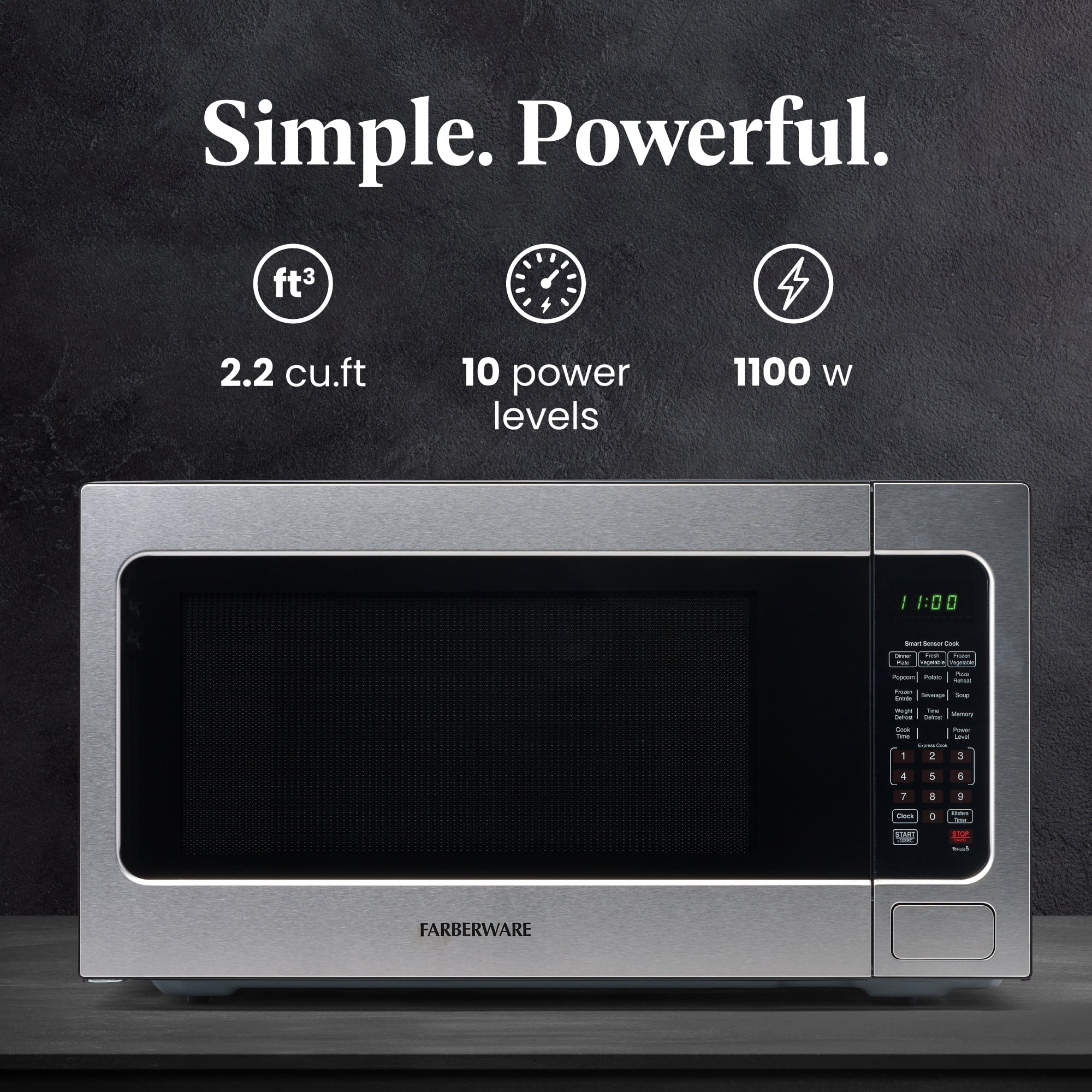 Farberware 2.2 cu ft Microwave Oven, 1100W Compact Microwave Oven with Smart Sensor, Stainless Steel