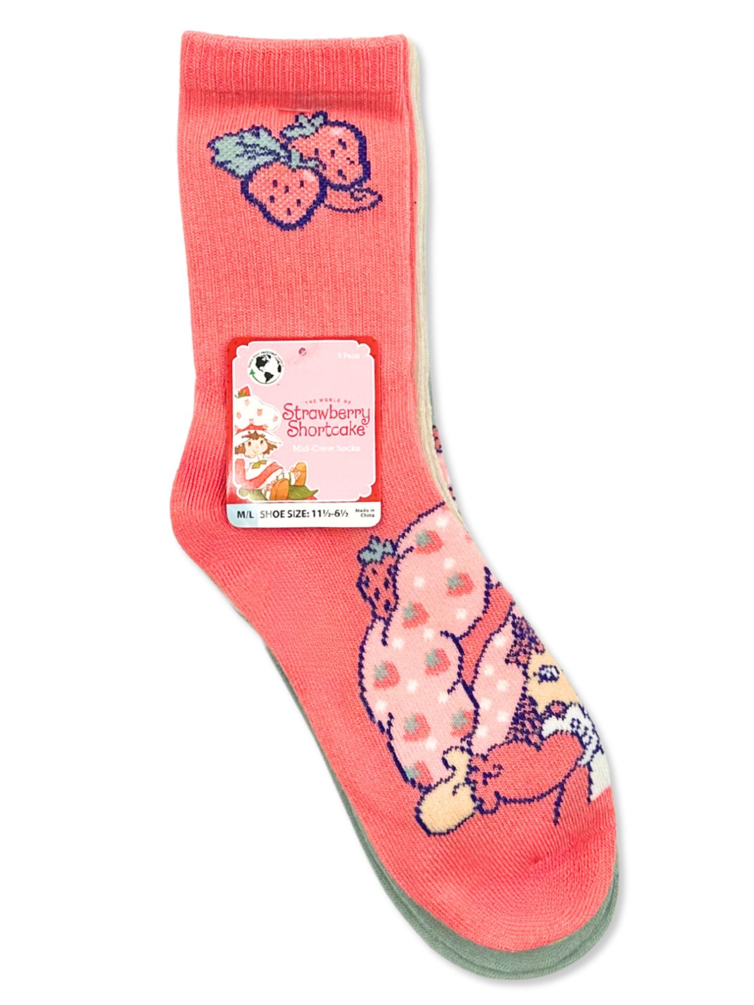 Strawberry Shortcake Girls Mid-Crew Socks, 3-Pack, Sizes S/M-M/L