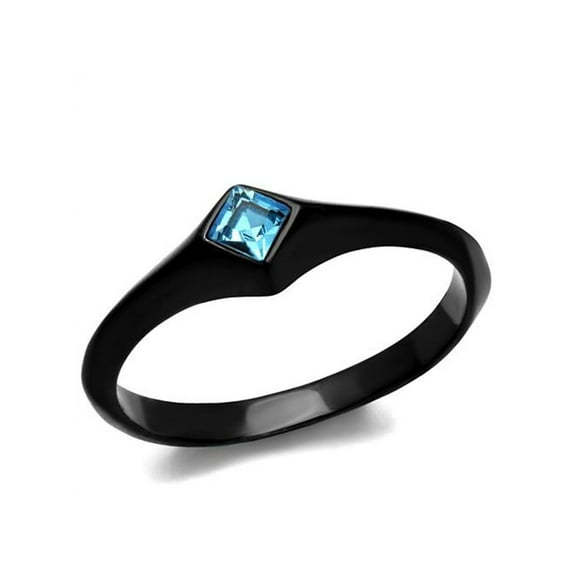 Women Princess Cut Sea Blue Cubic Zirconia Stainless Steel Black Engagement Ring Size 5