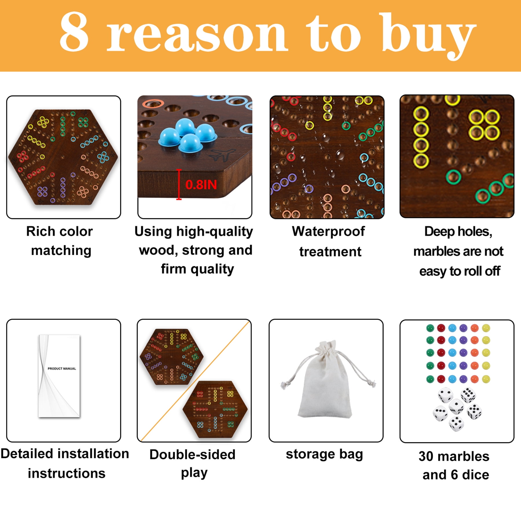 Wahoo Marble Fast Track Board Game, Rustic Brown, Thicken Wood, 4 and 6 Players, 2 Sided, 14.8 x 13 x 0.8 Inches