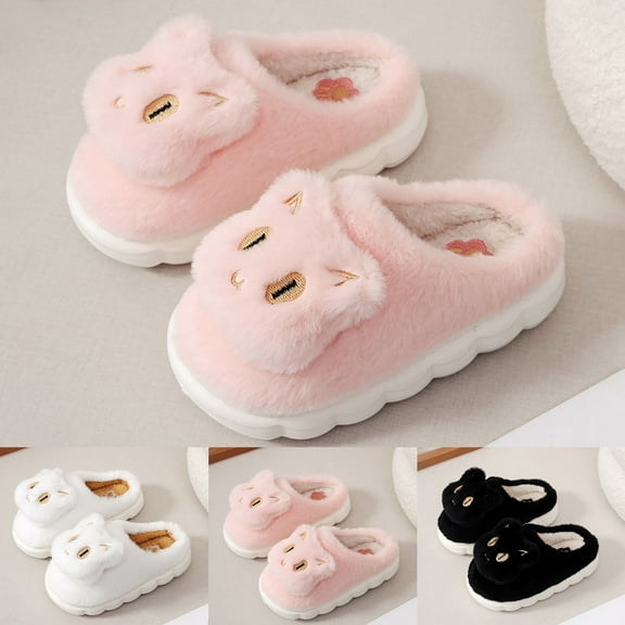 Slippers for Kids Cat Fall Winter Warm Fleece Soft Sole Indoor Shoes Outdoor Cozy Comfy Closed Toe Slip On Baby Shoes Black Sizes 4-5 Y