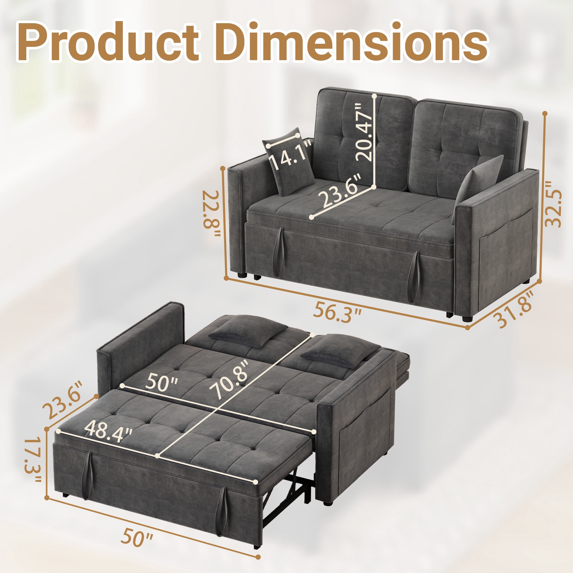 Convertible Sofa Bed,3-in-1 Sleeper Sofa with Pull Out Bed,Velvet Couch with Adjsutable Backrest and 2 Pillows for Living Room,Gray