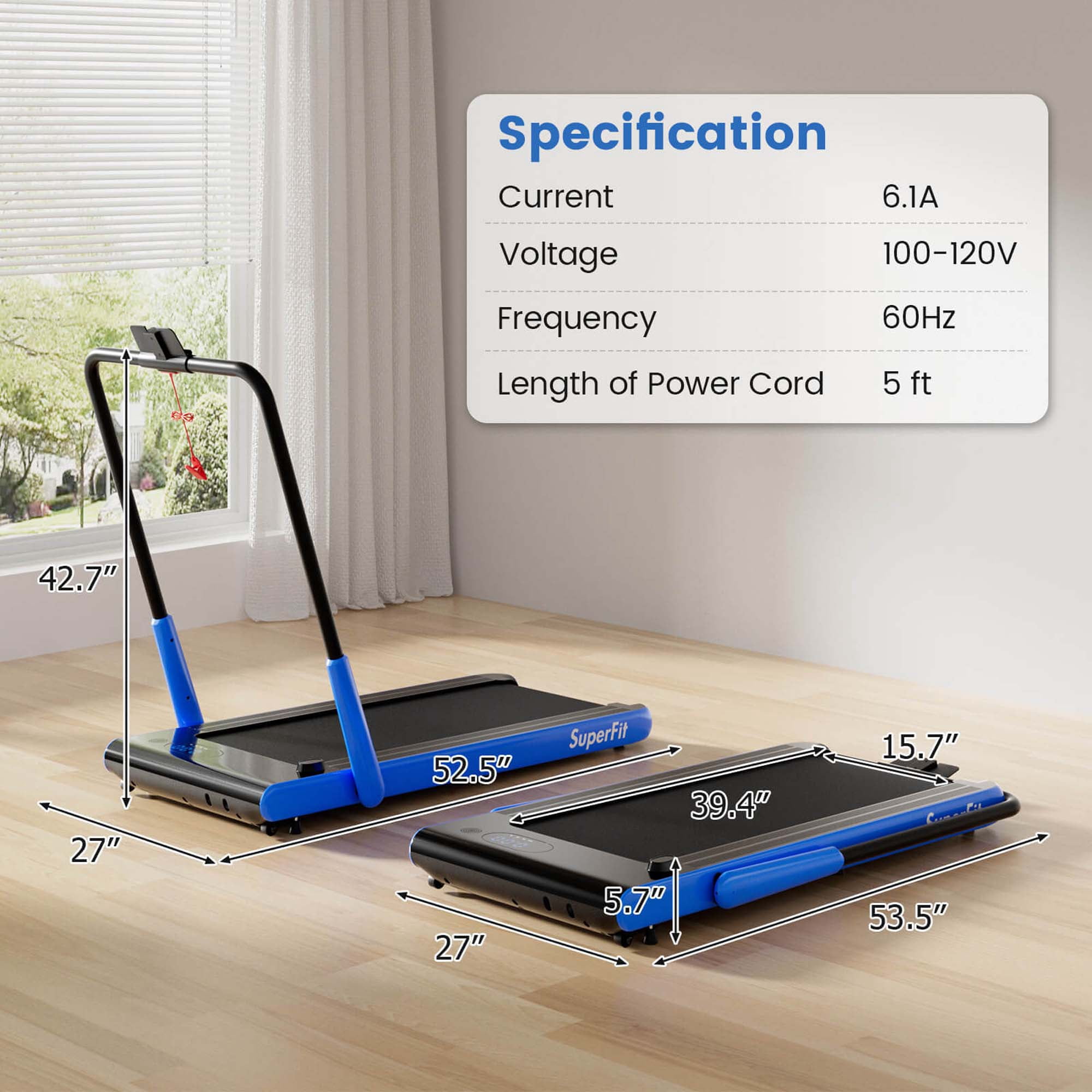 Costway 3-in-1 Folding Treadmill with Smart Apps Remote Control LED Display and Speakers Blue