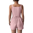 thumbnail image 4 of TEAJOPSUU Women Summer 2 Piece Outfits Sleeveless V Neck Button Down Spaghetti Strap Crop Vest Tops High Waisted Pleated Shorts Sets Casual Matching Sets Pink, 4 of 5