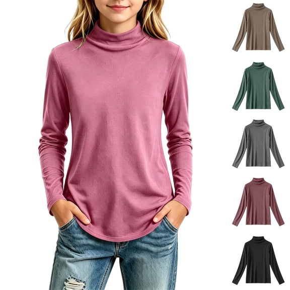 Girls Turtleneck Long Sleeve Shirts, Soft‑Stretch Mock‑Neck Basic Pullover Top, Casual Curved‑Hem Fitted Layering Tee