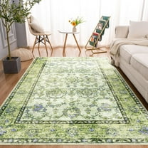Wondo Low-Pile Vintage Carpet, Boho Area Rugs for Living Room Bedroom Kitchen, Green, 6' x 9'