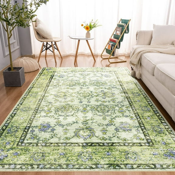 Wondo Low-Pile Vintage Carpet, Boho Area Rugs for Living Room Bedroom Kitchen, Green, 6' x 9'