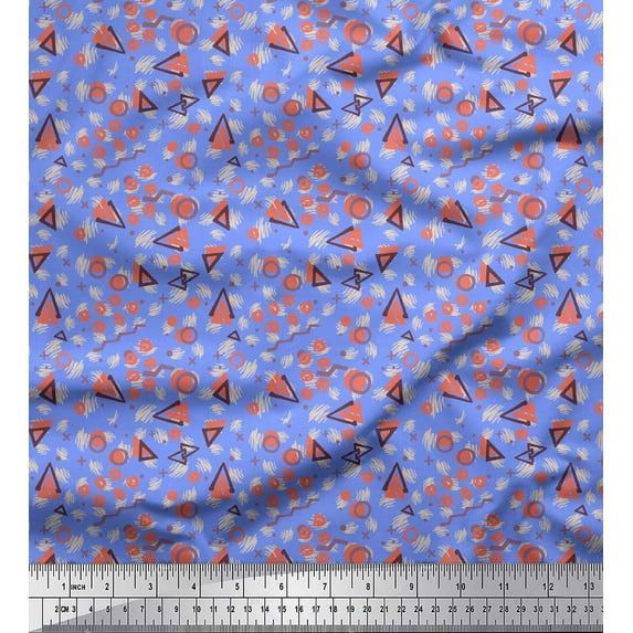 Soimoi Blue Japan Crepe Satin Fabric Circle & Triangle Geometric Print Fabric by the Yard 42 Inch Wide