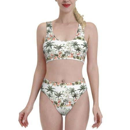 Fotbe Flamingo Palm Trees Women s High Waisted Bikini Tankini Sets Two Piece Bathing Suits High Cut Scoop Neck Swimsuit-X-Large