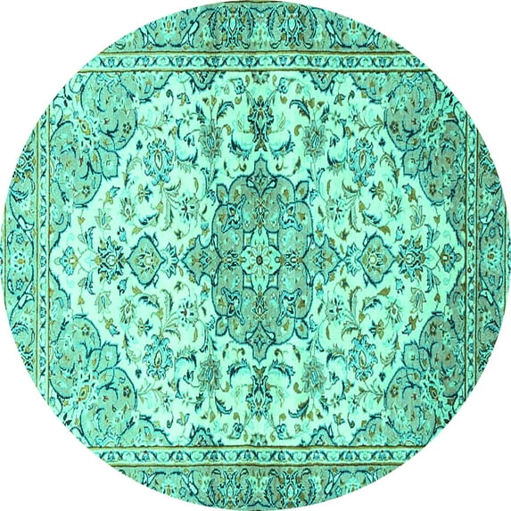 Ahgly Company Machine Washable Indoor Round Medallion Turquoise Blue Traditional Area Rugs, 3' Round