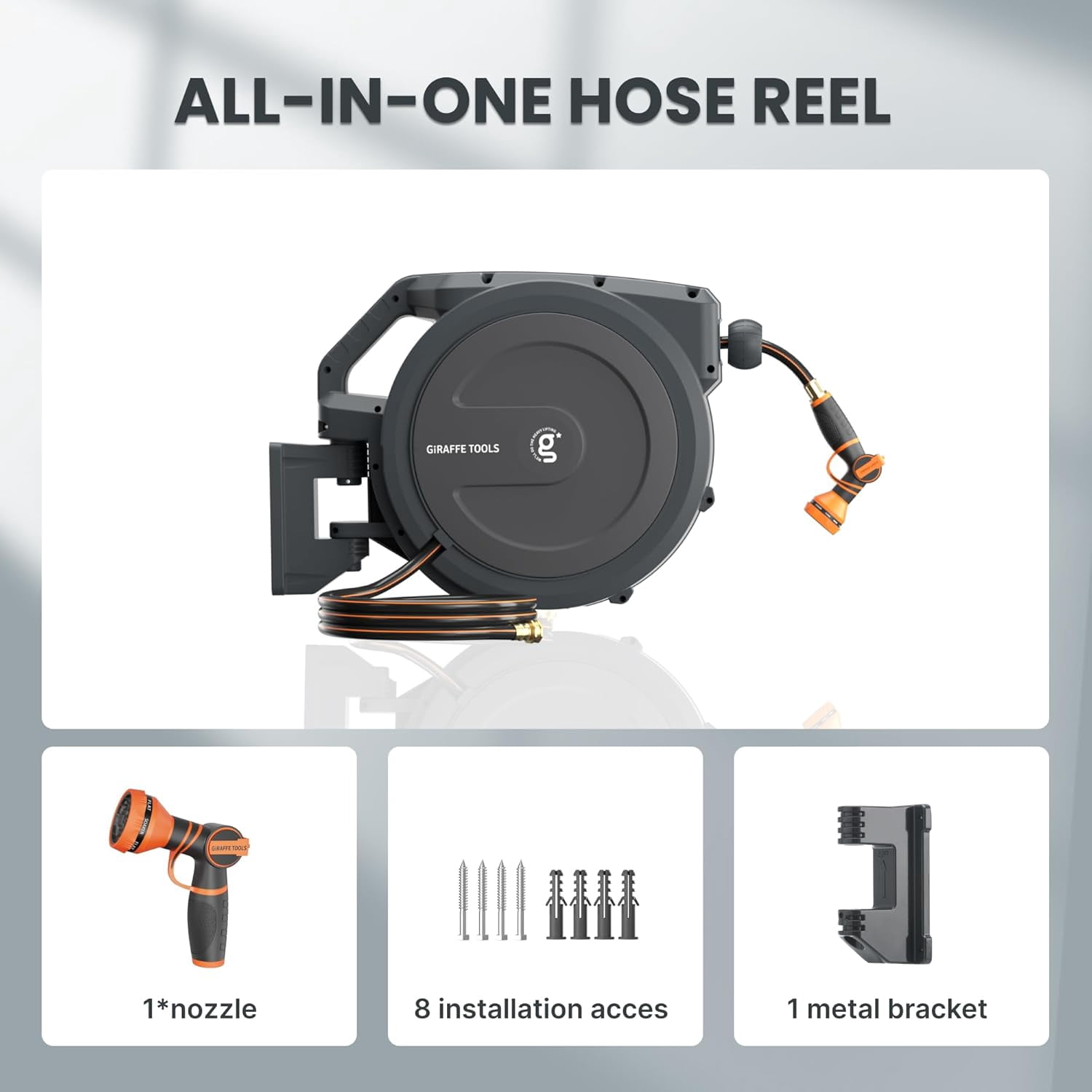 Giraffe Tools Retractable Garden Hose Reel with 1/2in-78ft Hose, Metal Bracket, Wall Mounted, Dark Grey