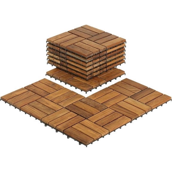 Solid Teak Wood Interlocking Flooring Tiles (Pack of 10), 12" x 12", Brown