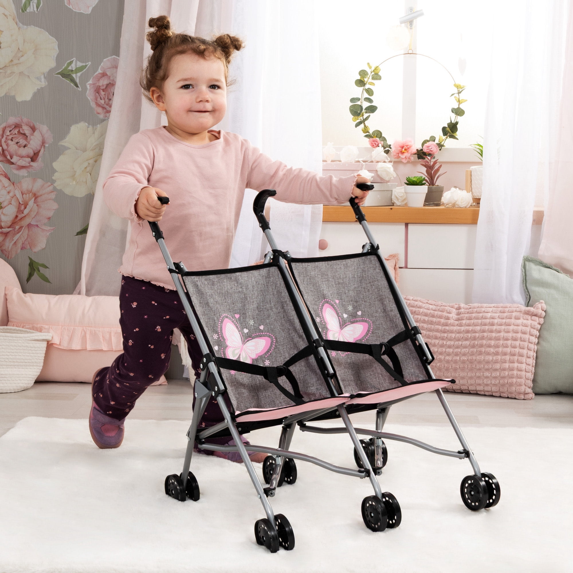 Bayer Design: Doll Twin Buggy - Pink-Grey-Butterfly- Umbrella Push Stroller, Foldable, Side-By-Side Seats, Play Toy Fits 18" Dolls, Kid-Toddler 18mo+