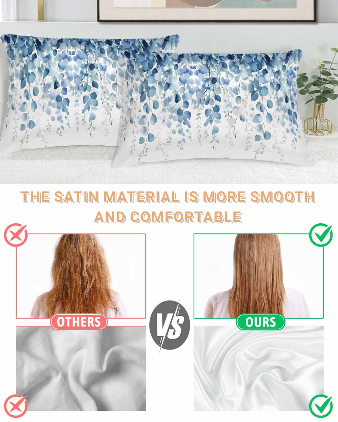 Blue Eucalyptus Leaves Pillow Cases King Size Set of 2, Smooth Satin Pillowcase for Hair and Skin, Summer Botanical Weeping Decorative Cooling Bed Pillow Covers with Zipper, 20x36 Inches