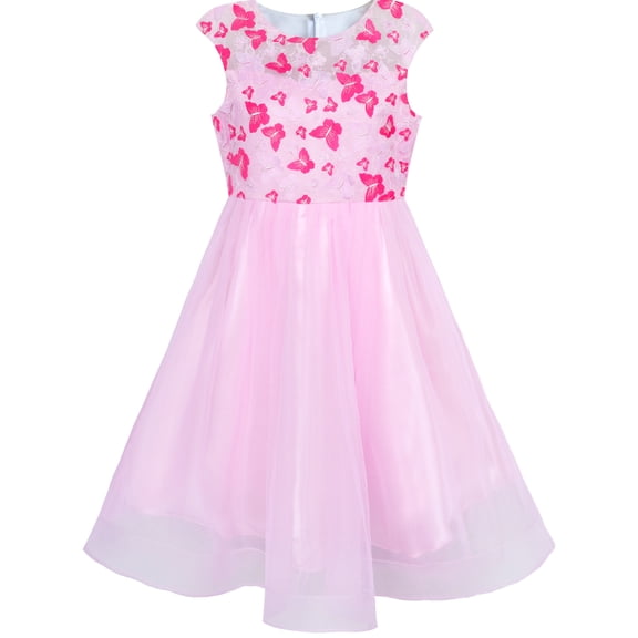 Flower Girl Dress Butterfly Pink Bridal Veil Wedding Bridesmaid 6 Years