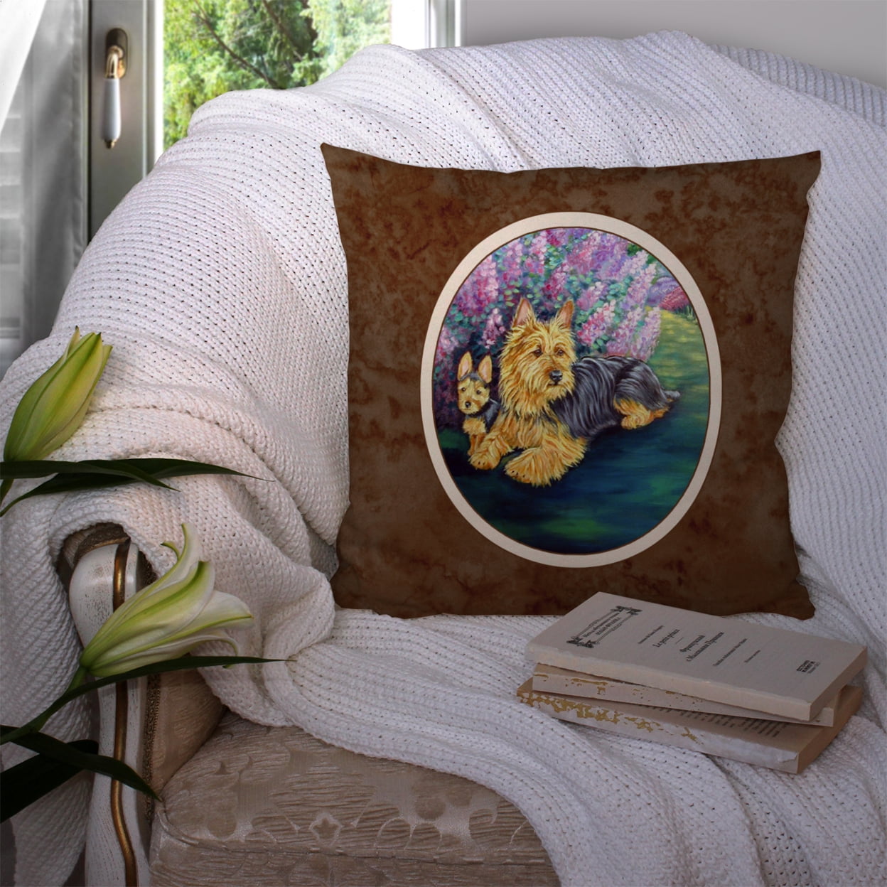 Carolines Treasures 7209PW1414 Australian Terrier and Puppy Fabric Decorative Pillow 14Hx14W multicolor