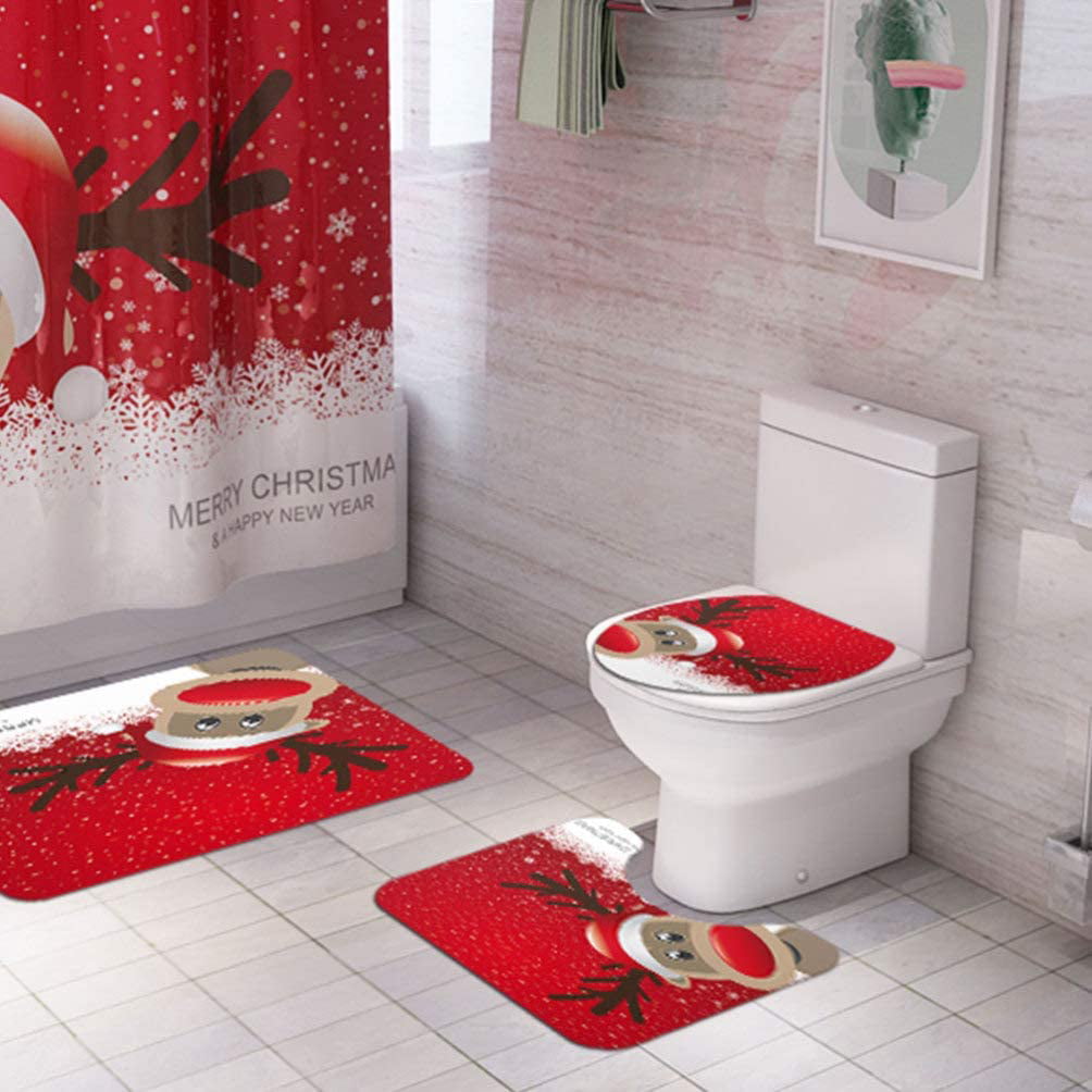 Contour Mat Christmas Theme Funny Snowman Pattern Soft Absorbent Bath Shower Mat Lid Cover with Non-Slip Rubber Backing 3 Piece Bathroom Rug Set