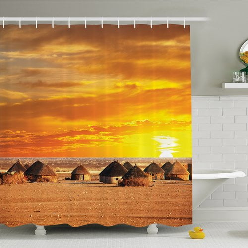 African Shower Curtain, African Landscape of a Small Town with Horizon