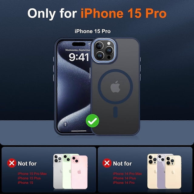 for iPhone 15 Pro Max Case, iPhone 15 Pro Max Case with Mag-Safe, Military Grade Drop Protection, Slim Fit Translucent Matte Case, Blue