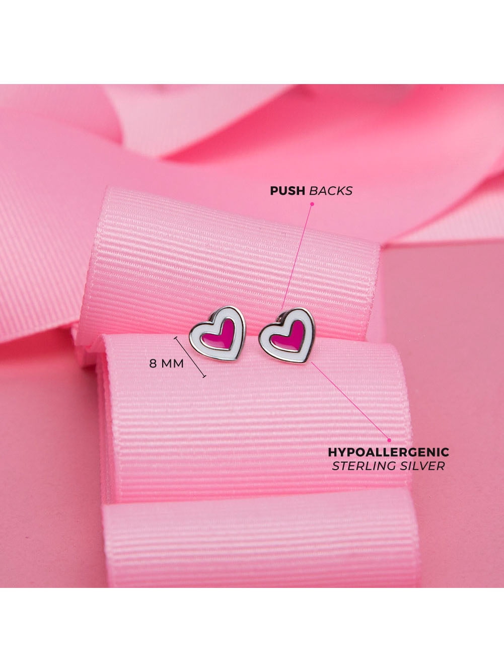 Hearts Baby / Toddler / Kids Earrings Safety Push Back Enamel - Sterling Silver