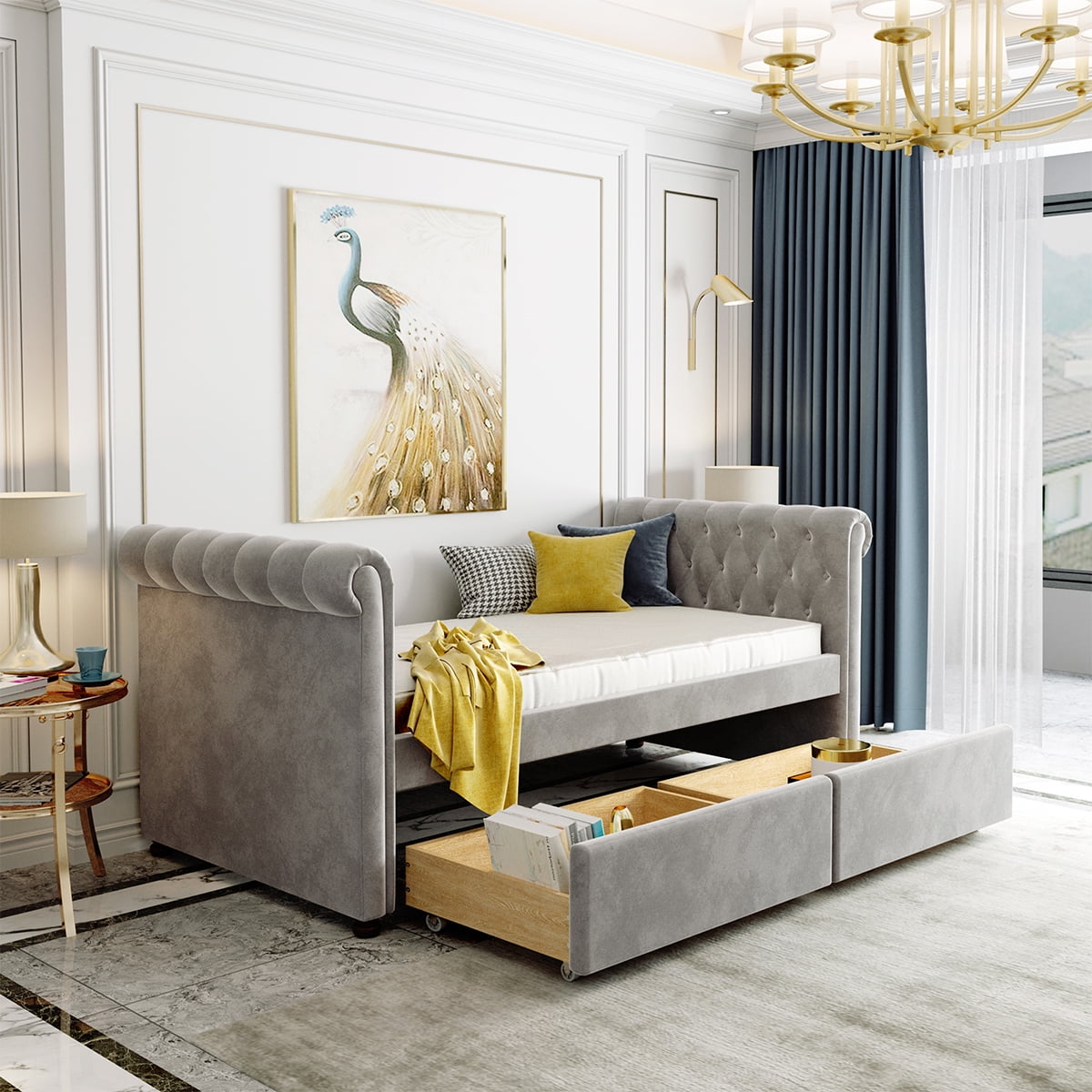 ModerLuxe Twin Size Upholstered Daybed with 2 Storage Drawers, Wood
