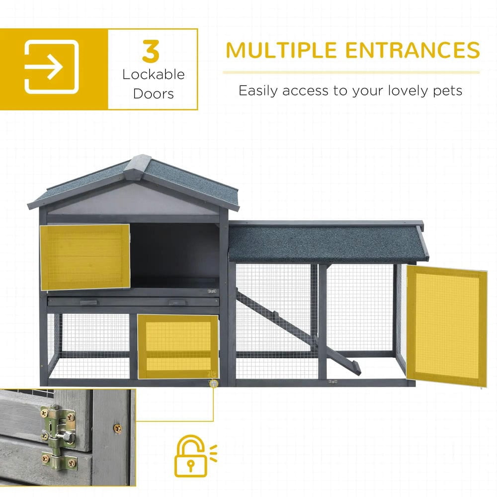 Topcobe 58" Rabbit Hutch, Wooden Bunny Hutch, Guinea Pig Cage with Run, Removable Tray, Asphalt Roof, Lockable Doors and Ramp, for 1-2 Small Rabbits, Outside Pet Shelter, Small Animal Habitat, Gray