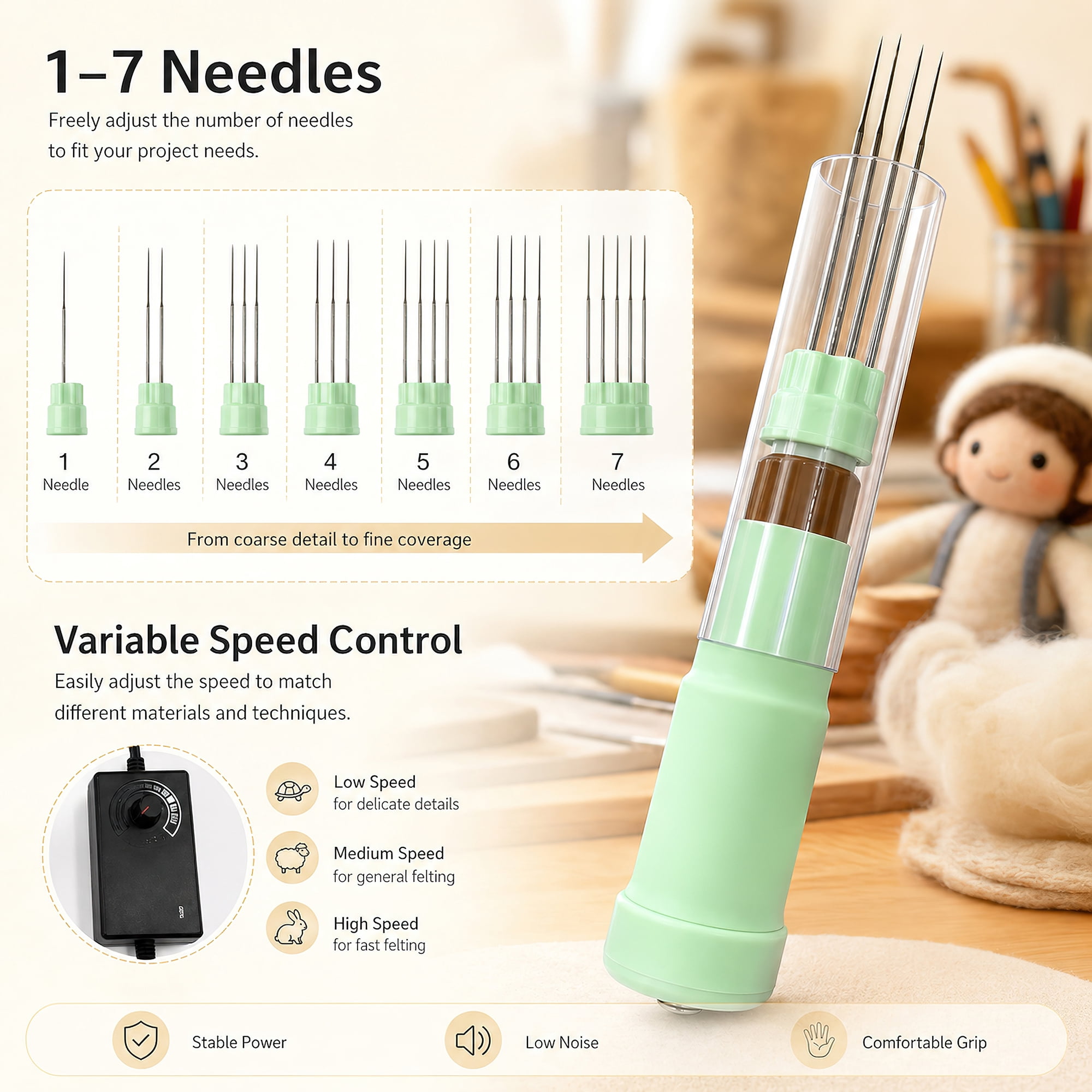 HI-REEKE Electric Needle Felting Machine 1-7 Adjustable Needles with Variable Speed Needle Change for DIY