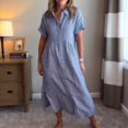 thumbnail image 2 of Pink Striped Short Sleeve Button-Front Shirt Dress Cotton Linen Blend, 2 of 12