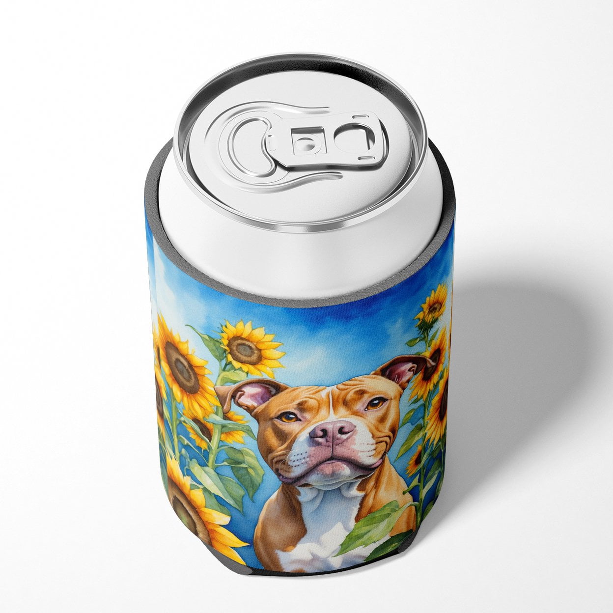 Pit Bull Terrier in Sunflowers Can or Bottle Hugger 3 in x 5 in