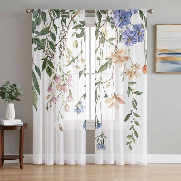 Spring Floral Leaves Sheer Curtains 84 Inch Length 2 Panels Set, Vintage Flowers Farmhouse Voile Window Treatment Rod Pocket Curtains Sheers Drapes for Bedroom/Living Room/Kitchen 52"x84"x2