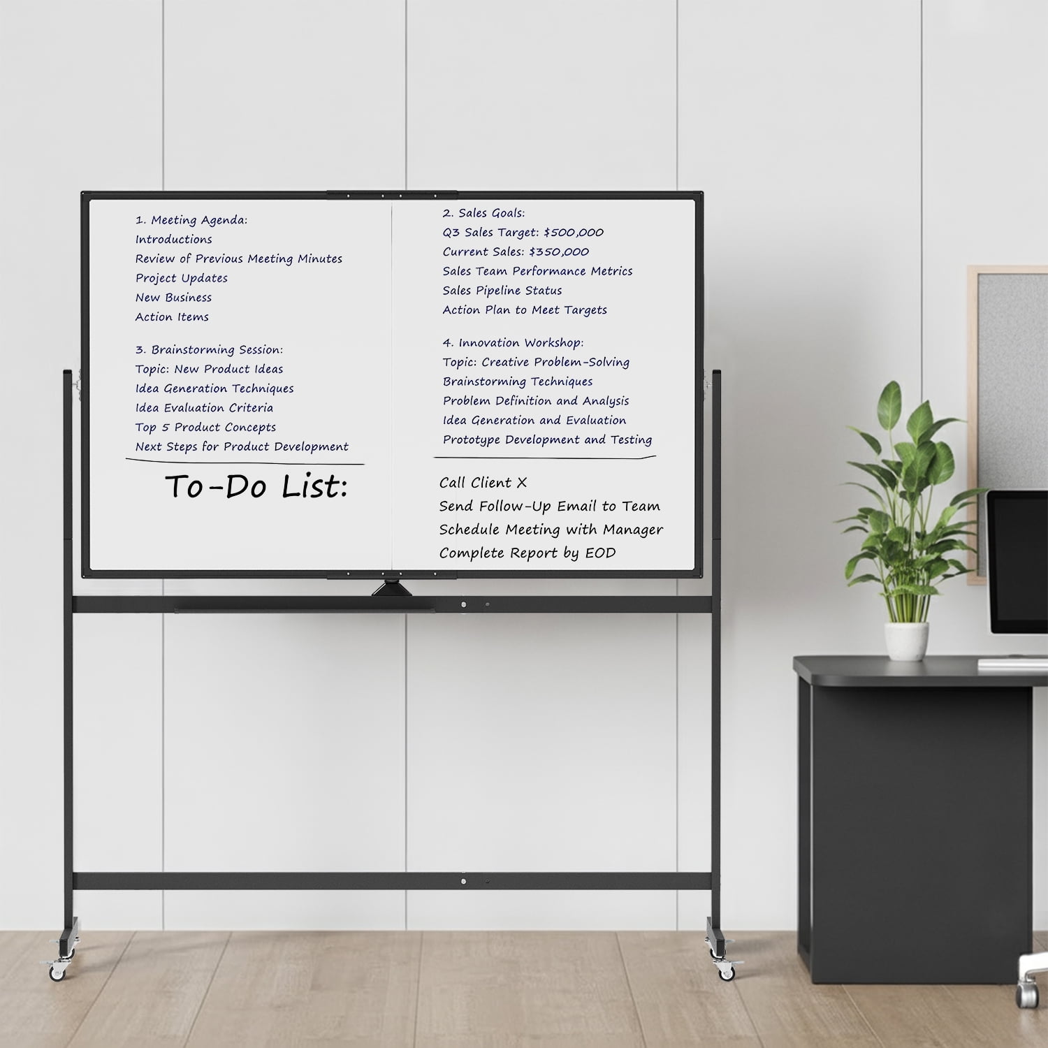 Tooloton Large Rolling Whiteboard on Wheels, 48 x 36 Inches with Stand, 4' x 3' Magnetic Dry Erase Board Easel, Black