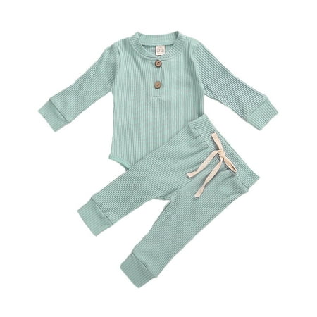

Canrulo Newborn Baby Boy Girl Clothes Solid Ribbed Long Sleeve Romper and Pants Knitted Outfits Set Blue 12-18 Months