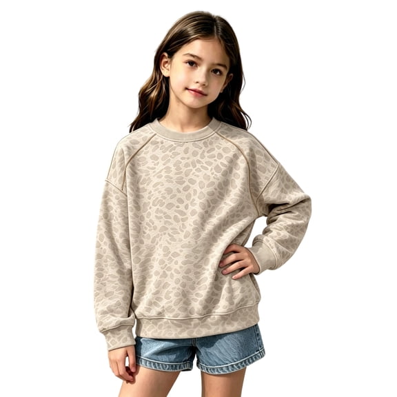 Girls Leopard Print Crewneck Sweatshirt Long Sleeve Ribbed Cuffs Casual Loose Fit Fall Pullover Sweatshirt