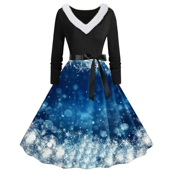 Christmas Dresses for Women 2024 Christmas Pleated Dress Long Sleeve V-Neck Dress Christmas Print Christmas Dress with Tie At Waist