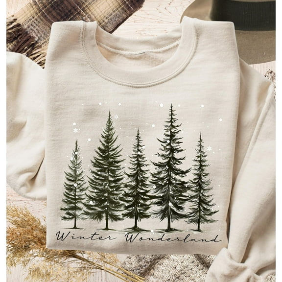 Velto Winter Wonderland Sweatshirt, Happy Holiday Sweater for Women, Pine Trees and Snowflakes, Winter Vibes Family Sweatshirt, Holiday Winter Gift All Size S-3XL