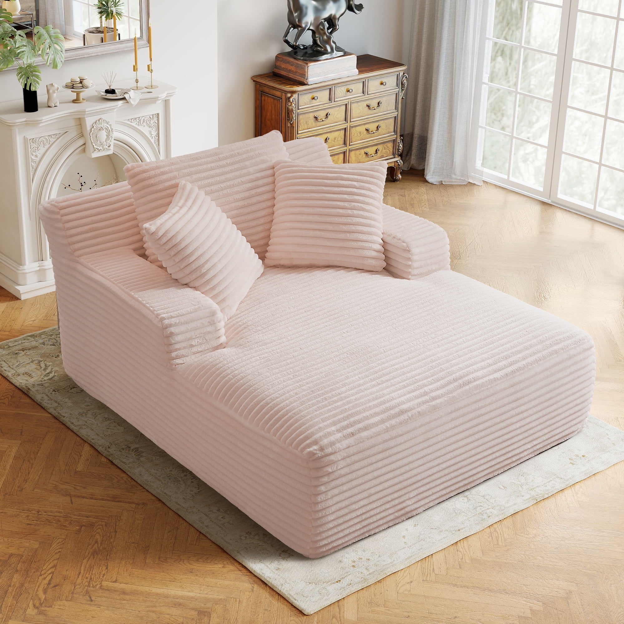 Aukfa Corduroy Chaise Lounge Chair, Oversized Indoor Lounger Floor Sofa Bed for Living Room, Bedroom, Small Space,Pink