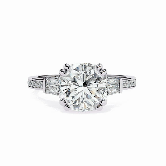 2.65 CT Cushion Shape Lab Grown Diamond Double Prong Wedding Ring, Side Baguette And Round Diamond Engagement Ring, Proposal Ring For Bridal