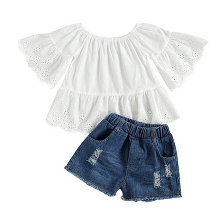 

Nituyy Baby Girls Summer Outfits Lace Top Dress T-Shirt Ripped Denim Shorts Jeans Set