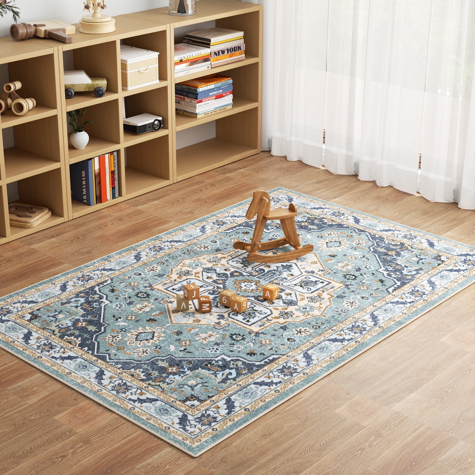 Washable Area Rug for Living Room, NovDeco 4'x6' Non-Slip Vintage Boho Light Blue Indoor Rug, Low Pile Stain Resistant Carpet for Bedroom, Nursery