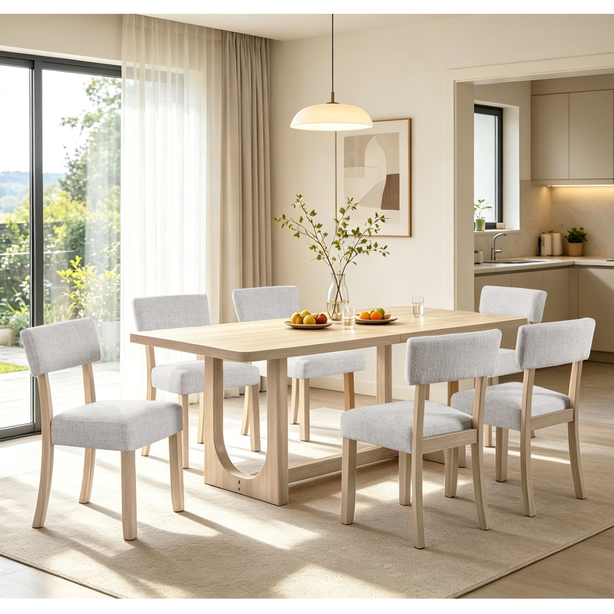 7-Piece Dining Table Set for 6, 68" Large Rectangular Table with 6 Linen Upholstered Chairs