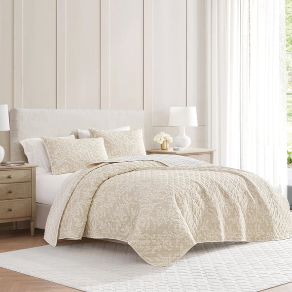 Martha Stewart Layered Branches Oyster Shell & White Full/Queen Quilt Set, Lightweight Layered Bedding, Machine Washable