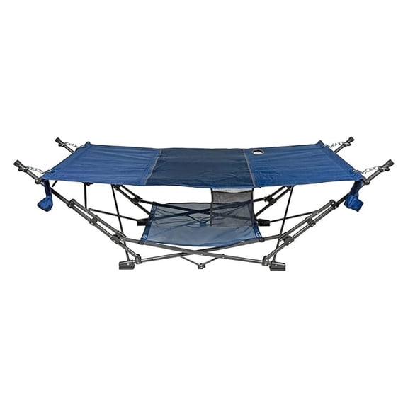 Foldable Hammock with Stand - Portable Outdoor Lounge Chair for Camping, Patio, Backyard - Full Size Metal Frame - Blue - with Cup Holder & Storage