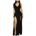 thumbnail image 1 of Vestido sexy de mujer con escote profundo en V, sin mangas y con abertura - Material de terciopelo, cuello cuadrado, lazo en la cintura - Vestido ajustado de fiesta para otoño/invierno, 1 of 3