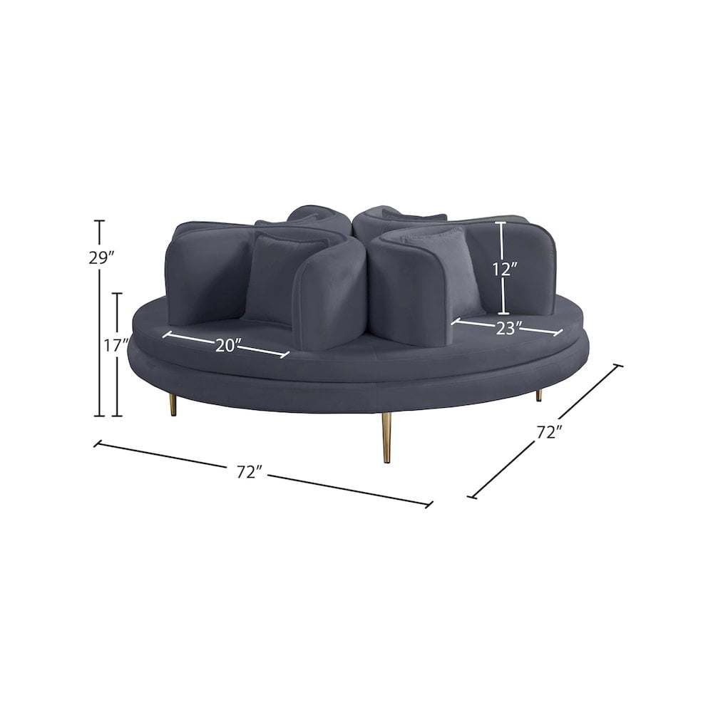 Meridian Furniture Circlet Gray Velvet Roundabout Sofa with Gold Iron Legs