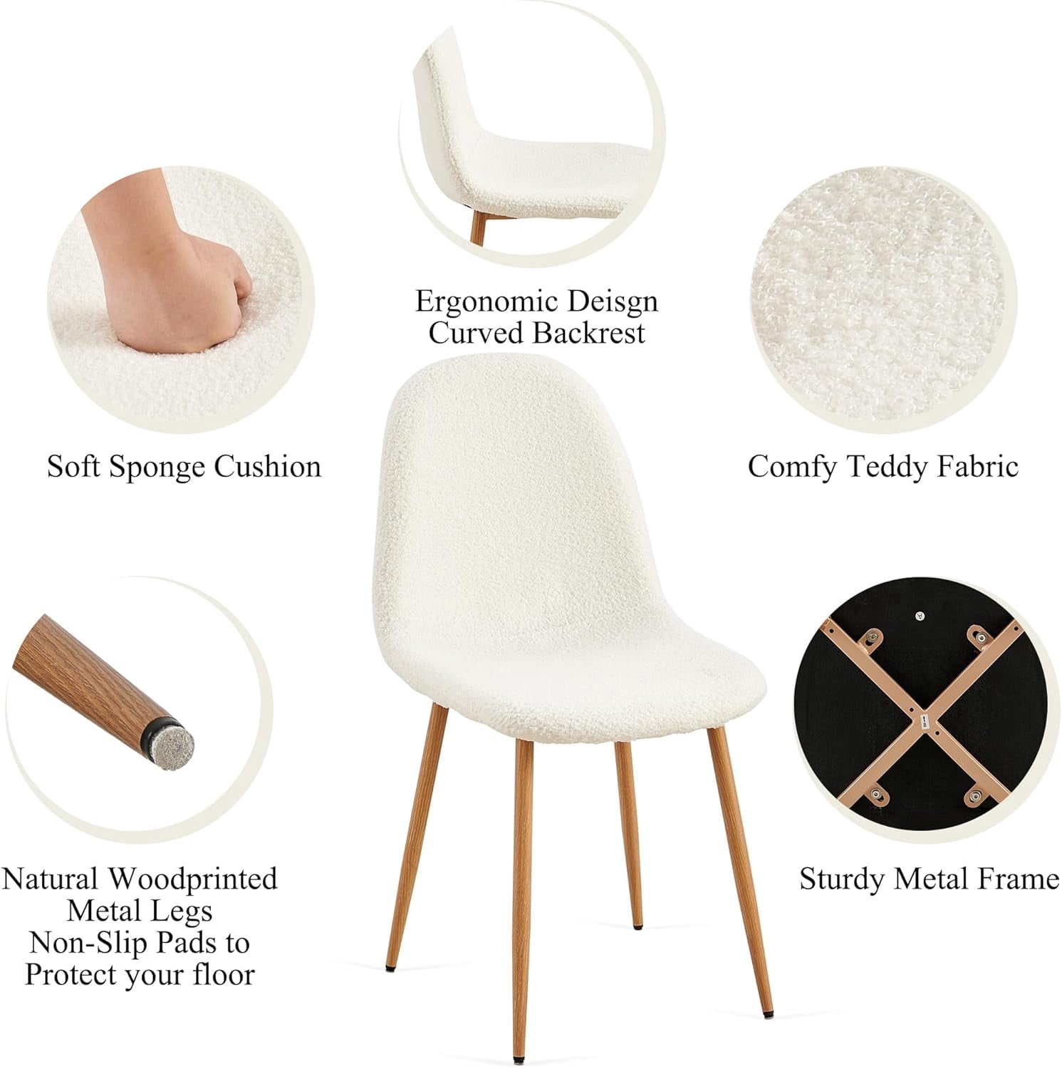 NORDICANA Dining Chairs Set of 4 - Modern Seating with Metal Legs for Living, Bedroom,Dining Room - White Teddy Fleece Chairs for Dining Room, Chair Set for 4
