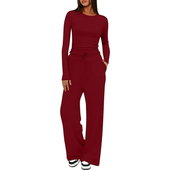 Women'S 2 Piece Sets Fall Outfits Long Sleeve Wide Leg Tracksuits Casual Lounge Set Matching Sets Wine Red XXL