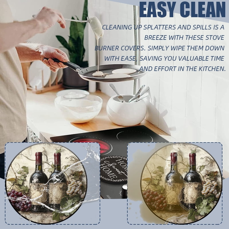 Round Burner Covers for Electric Stove, Vintage Wine Bottle and Grapes Decorative Metal Stove Burner Cover Kits Set of 4 for Kitchen, 8 Inches and 10 Inches